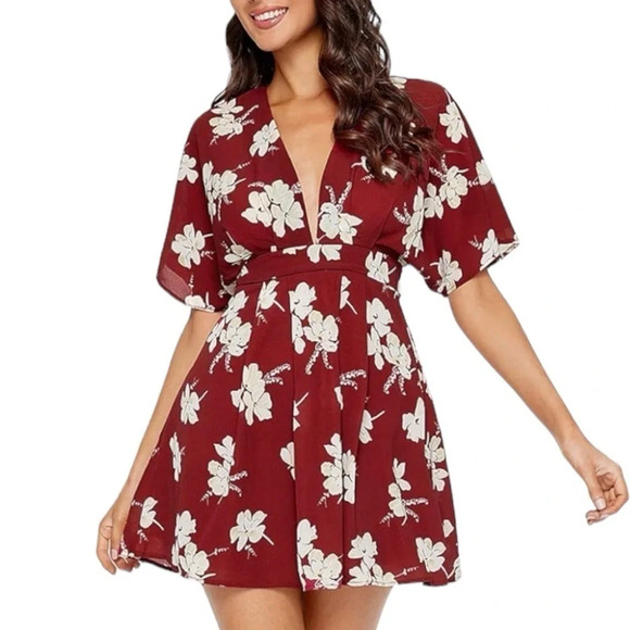 Floerns Women's Tropical Floral Plunging V Neck Tie Open Back Summer Short Dress - Picture 2 of 6